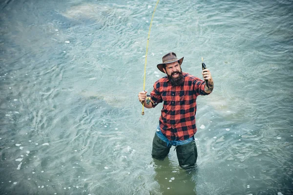Excited Amazed Fisher Man Water Catching Trout Fish Top View — Stock Photo, Image