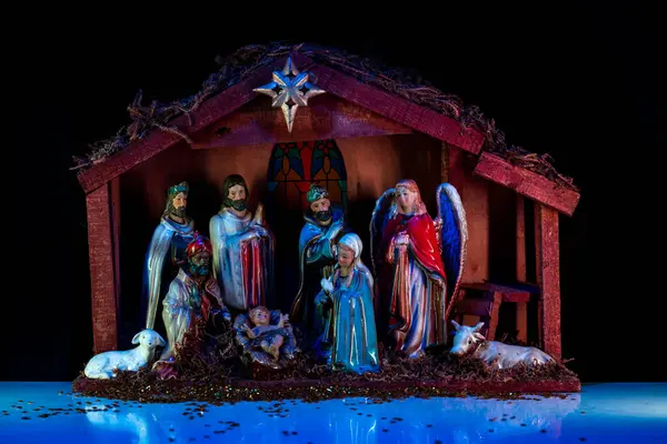 Maagd Maria Jozef Kindje Jezus Religieuze Scène Kerststal Scène Met — Stockfoto