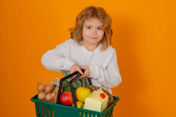 Grocery shop. Portrait of child with shopping basket purchasing food in a grocery store on studio isolated background