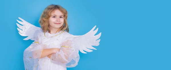 Banner Child Angel Costume Kid Angel Wings Isolated Studio Shot — Stock Photo, Image