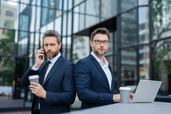 Portrait Businessman Suit Working Laptop Outdoor Collaboration Success Two Business — Stock Photo, Image