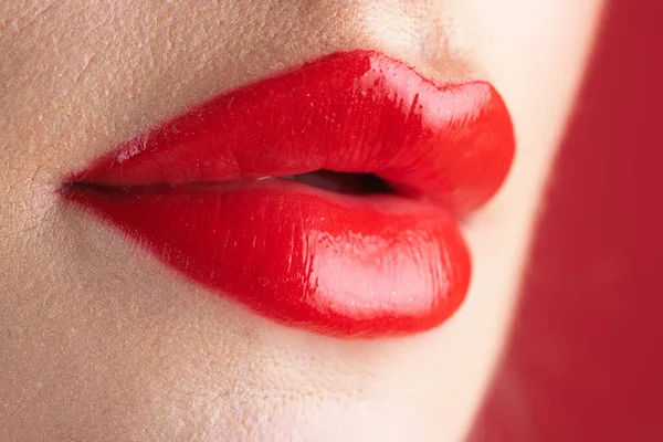 Red Lipstick Glossy Make Plump Natural Lips Lipstick Pomade Close — Stock Photo, Image