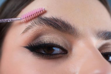 Mükemmel kaşlar. Kadının kaş makyajı yaptırmasına yakın çekim. Makro kaşına fırçayla kozmetik uyguluyordu. Mükemmel bir kaş şekli, kahverengi göz farı ve uzun kirpikleri. Düzeltme kaşları
