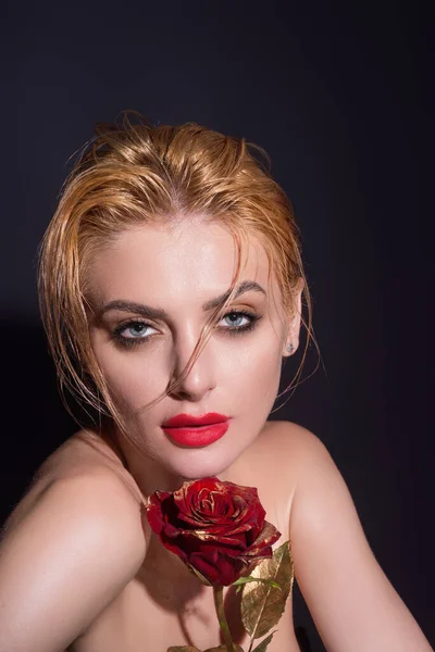 Young Woman Holding Rose Beauty Girl Red Rose Face Studio — Stock Photo, Image