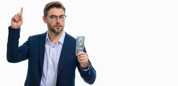 Homem Segurando Dinheiro Notas Dólar Banner Branco Isolado Retrato Estúdio — Fotografia de Stock