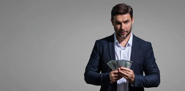 Gute Bezahlung Schöner Mann Mit Geld Der Hand Isoliert Über — Stockfoto