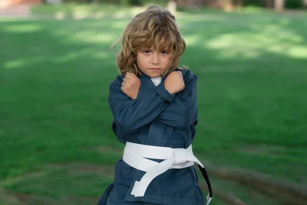 Kid Boy Exercising Karate Kataoutdoor Sport Karate Kids Little Boy — Stock Photo, Image