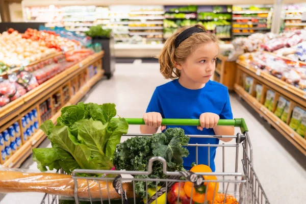 Kid with shopping cart at grocery store. Healthy food for kids. Portrait of smiling little child with shopping bag at grocery store or supermarket
