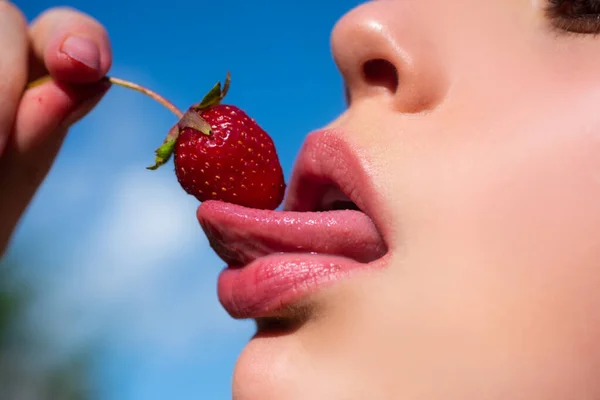 Strawberry in lips. Red strawberry in woman mouths close up. Sensual lick