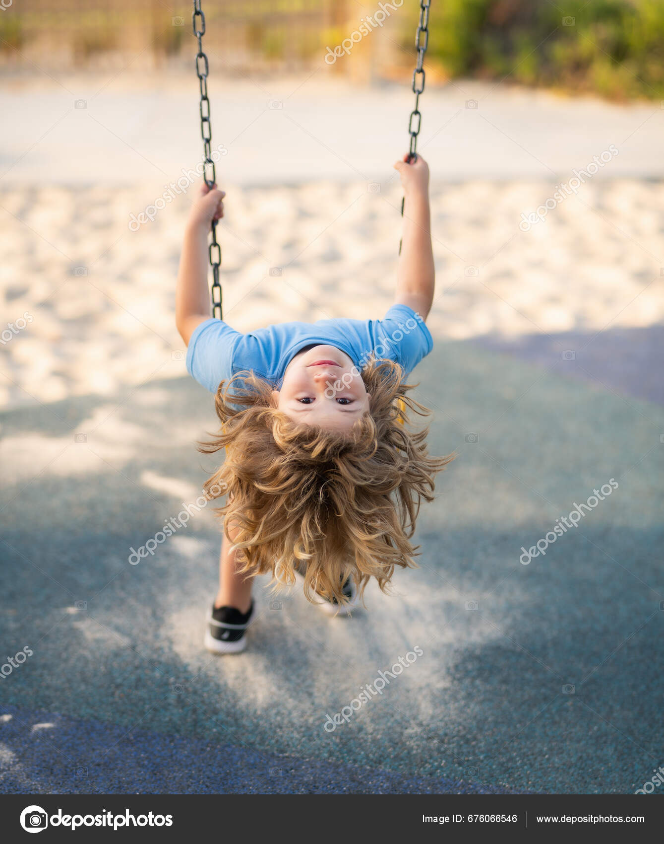 Swinging Playground Funny Kid Swing Little Boy Swinging Playground ...