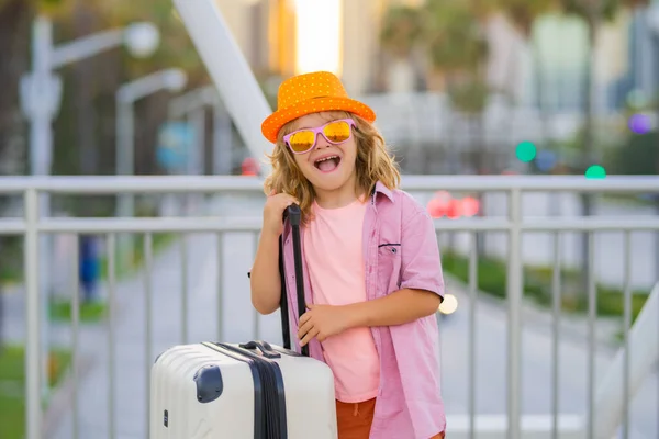 Kids Travel Happy Child Boy Carrying Suitcases Outdoor City Street — Stock Photo, Image
