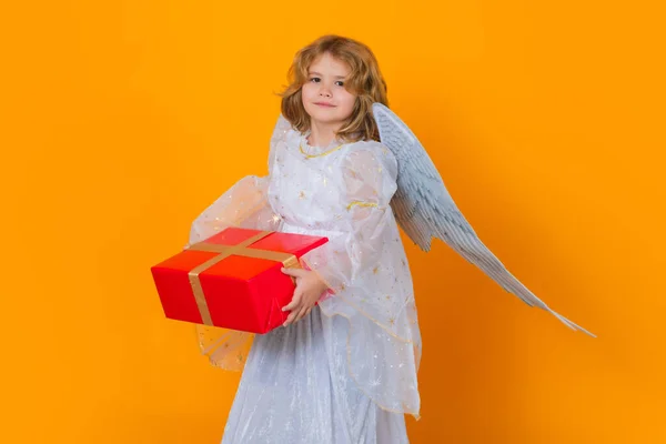 Angel Child Hold Gift Present Beautiful Little Angel Isolated Studio — Stock Photo, Image