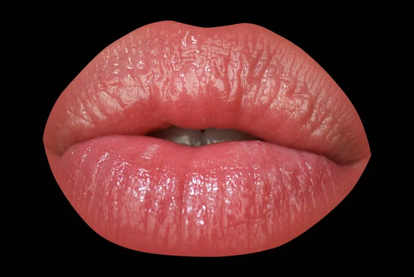 Close-up perfect natural lip. Lip close up lips. Macro lips, isolated on black. Beauty young woman Lips