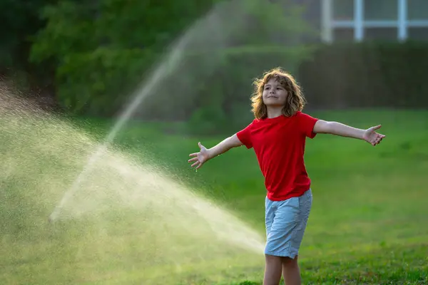 花园浇灌系统 孩子们在后院玩洒水系统 小孩在后院玩花园浇水软管 孩子在用喷水玩乐 在浇草 — 图库照片