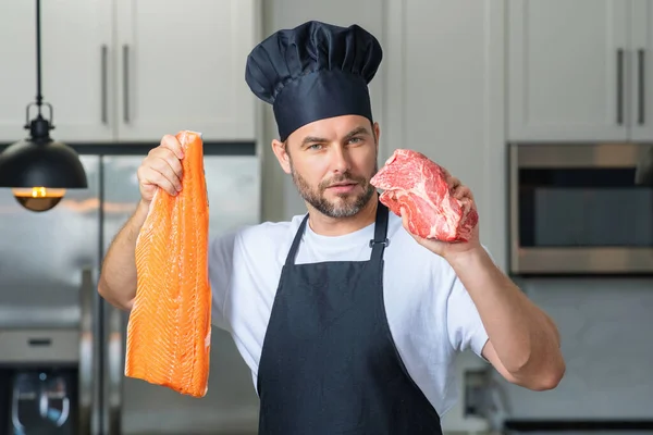 Chef Raw Meat Beef Fish Salmon Fillet Kitchen Chef Man — Stock Photo, Image