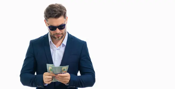 Man Hundred Dollar Bill Dollars Banknotes Man Holding Lots 100 — Stock Photo, Image