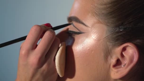 眉毛化妆紧闭 化妆师使用粉末 口红和眼影 完美的晚妆完美皮肤的美女由年轻女子组成的专业化妆艺术家 — 图库视频影像