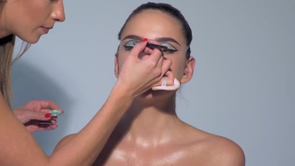 메이크업 아티스트는 파우더 립스틱 섀도우를 바르죠 메이크업 피부를 여자를 전문적으로 — 비디오