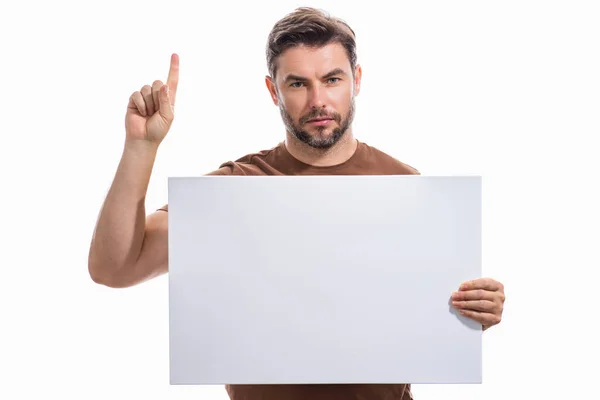 Uomo Con Cartello Bianco Dito Indice Alzato Dimostrare Spazio Copia — Foto Stock