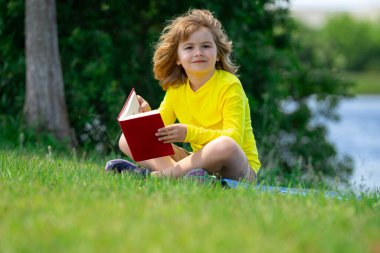 Yazlık parkta kitap okuyan sevimli bir çocuğun açık hava portresi. Sarışın çocuk çimlerin üzerinde oturup kitap okuyor. Park 'ta yaz tatili. Öğrenci çocuk kitapla çalışıyor, öğreniyor. Kitap deposu