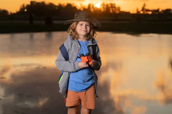 Childhood Little Child Backpack Binoculars Imagination Exploration Park Happy Child — Stock Photo, Image