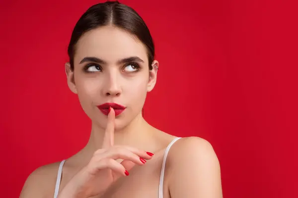 Young Woman Having Secret While Holding Finger Lips Showing Silence — Stock Photo, Image