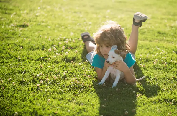Hug New Friends Child Boy Took Puppy Shelter Adopted Animal — Stock Photo, Image