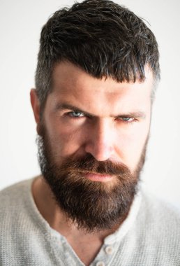 Kendine güvenen ciddi bir adamın portresi, ciddi ve izole görünüyor. Stüdyodaki hippi adam modelleri. İş adamı kendini ifade ederek düşünür. Yakışıklı erkek model, yakın çekim yüzü.