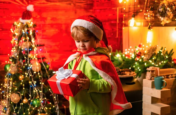 Happy Little Boy Christmas Tree Looking His Christmas Gift Little — Stock Photo, Image