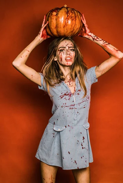 Girl Pumpkin Full Blood Bloody Make Animal Hunger — Fotografia de Stock