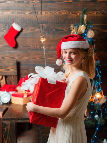 Teenager Christmas Kid Having Fun Christmas Tree Indoors Opening Gifts — Stock Photo, Image