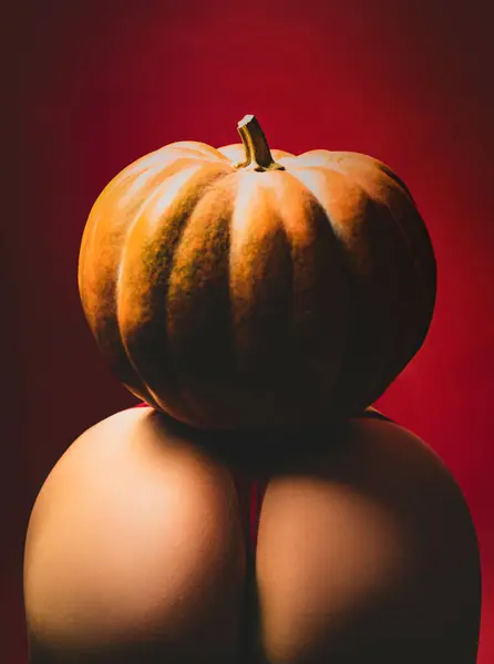 Pumpkins Big Ass Female Sensual Ass Posing Red Panties Pumpkin — Stock Photo, Image