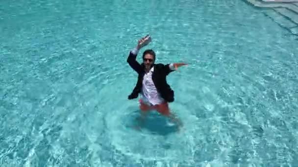 Excited Businessman Wet Suit Swim Sea Pool Water Funny Businessman — Stock Video