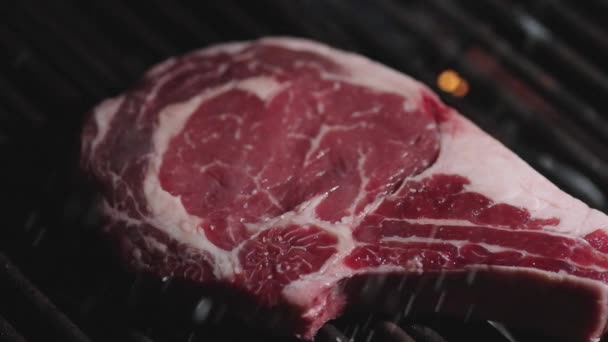 Grillowany Stek Mięsny Jedzenie Kuchnia Stek Wołowy Gotujący Się Płonącym — Wideo stockowe