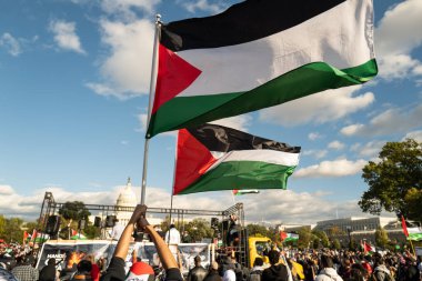 Washington DC, ABD - 21 Ekim 2023: Filistin yanlısı, İsrail karşıtı protestocular. İsrail ve Hamas Gazze Şeridi 'nde. İsrail ve Filistin arasındaki savaş. Gazze savaşı. Hamas, Tsahal ve Hasbullah savaşı