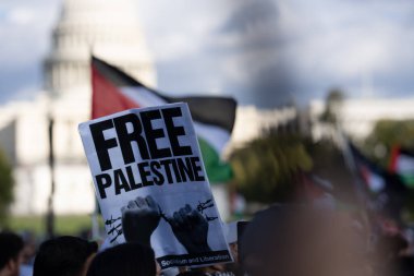 Washington DC, ABD - 21 Ekim 2023: Filistin yanlısı, İsrail karşıtı protestocular. İsrail ve Hamas Gazze Şeridi 'nde. Savaş İsrail ve Filistin. Hamas, Tsahal ve Hasbullah savaşı. Filistin bayrağı