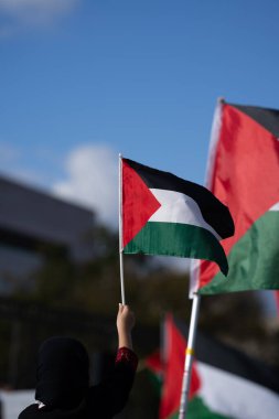 Washington DC, ABD - 21 Ekim 2023: Filistin yanlısı, İsrail karşıtı protestocular. İsrail ve Hamas Gazze Şeridi 'nde. İsrail ve Filistin arasındaki savaş. Filistin Protestosunda Soykırım İşaretini Durdur