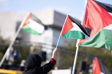 Washington DC, ABD - 21 Ekim 2023: Filistin yanlısı, İsrail karşıtı protestocular. İsrail ve Hamas Gazze Şeridi 'nde. İsrail ve Filistin arasındaki savaş. Washington DC 'deki Filistin Protestosu İşaretleri