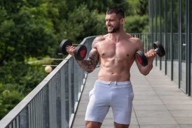 Muscular man workout in the gym. Athletic man having weight training in gym. Handsome man with strong muscles workout in the gym. Portrait of sexy muscular male with dumbbells. Bodybuilder exercise