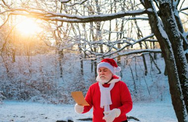 Noel Baba dilek listesini okur ve karlı Noel ormanlarında yürür.