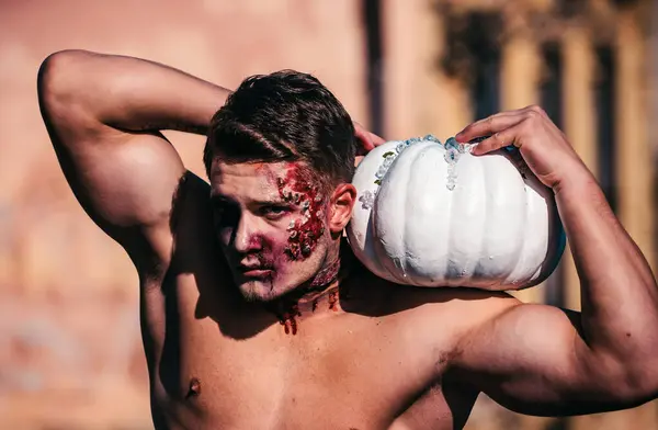 Närbild Porträtt Hemskt Skrämmande Zombie Man Döden Ung Man Halloween — Stockfoto