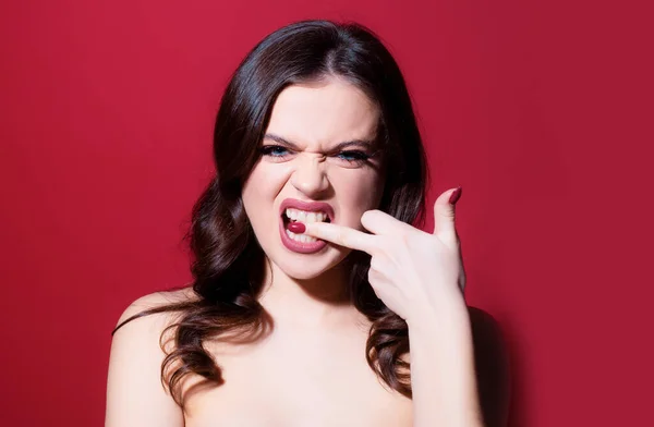 Young Woman Model Show Middle Finger Fuck You Sign Bad — Stock Photo, Image