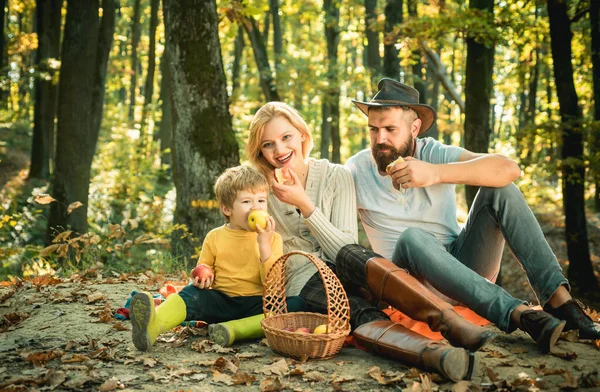Family picnic at forest park. There is a basket with meal and toys for the kid. The concept of a happy family. Mom, dad and baby happy sitting at picnic blanket. Autumn season