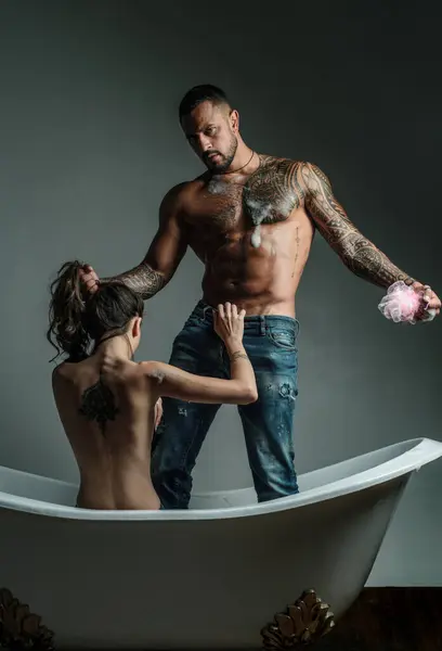 Juego Baño Supersensual Con Hijo Sexy Pareja Amor Jugando Juegos —  Fotos de Stock