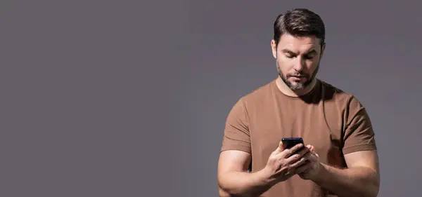 Portrait Handsome Man Using Smartphone Chatting Making Post Social Media — Stock Photo, Image