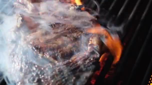 火炎でグリルにビーフステーキ グリルクローズアップした肉牛ステーキ バーベキューグリル 生ビーフステーキグリル 肉と火を焼きました タバコを吸い グリルを燃やした ブルック クッカリー — ストック動画