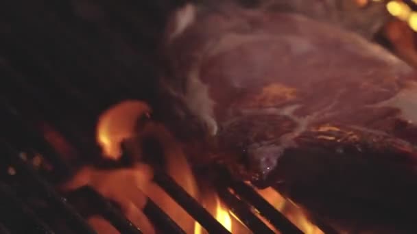 Ψητό Κρέας Στη Σχάρα Φωτιά Ψητό Κρέας Ψημένο Φλόγες Φωτιάς — Αρχείο Βίντεο