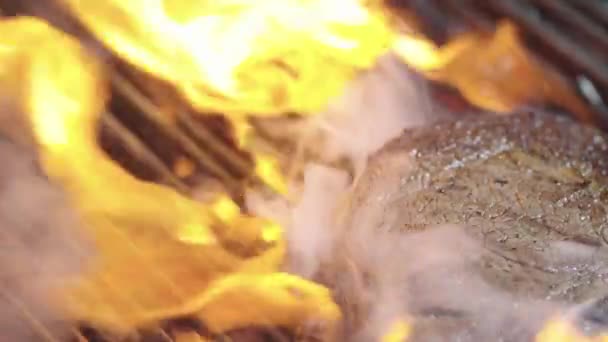 Κρέας Μπάρμπεκιου Φωτιά Μπριζόλα Κρέατος Ψησίματος Πάνω Από Φλεγόμενη Σχάρα — Αρχείο Βίντεο
