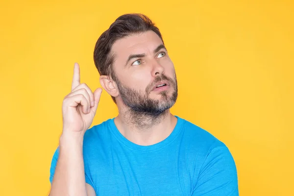 Thougthful Thinking Man Looks Pensively Aside Makes Plannings Isolated Yellow — Stock Photo, Image
