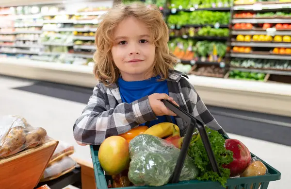 Child with grocery basket shopping at supermarket. Grocery store, shopping basket. Banner with kids for grocery food store or supermarket. Child choosing food in store or grocery store